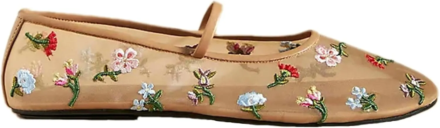 Mesh Ballet Flats for Women Ballerina Mary Janes Flats Embroidered Floral Nude Round Toe Pumps Comfortable Casual Shoes
