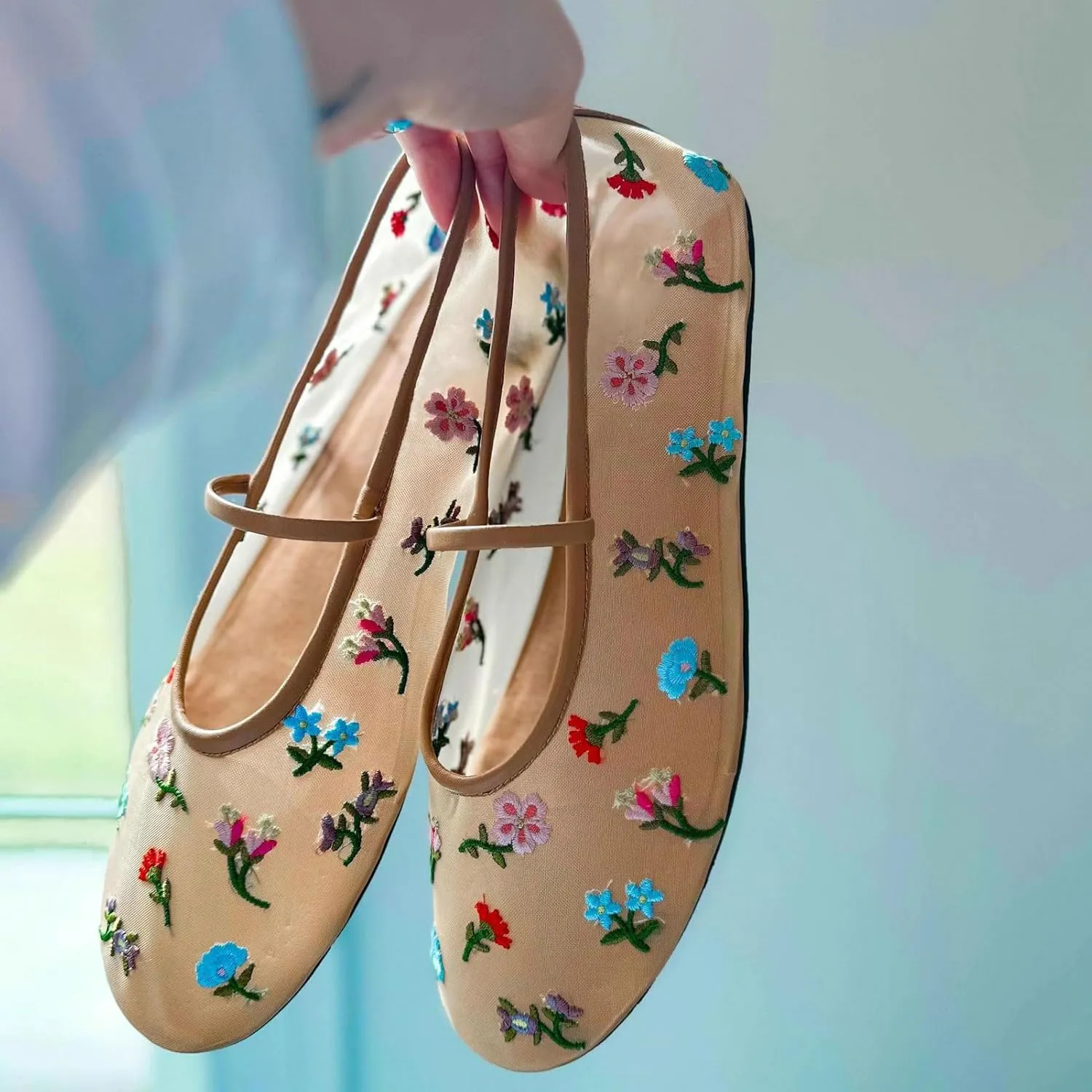 Mesh Ballet Flats for Women Ballerina Mary Janes Flats Embroidered Floral Nude Round Toe Pumps Comfortable Casual Shoes