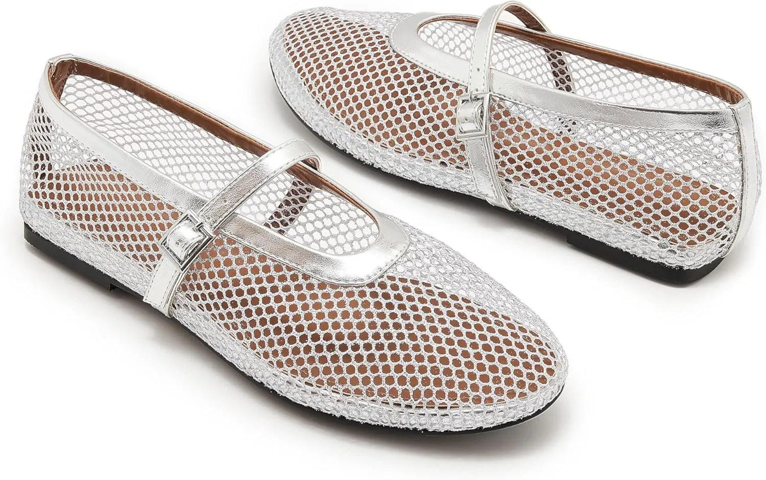 Mesh Ballet Flats for Women Buckle Strap Comfy Casual Office Mary Jane Flat Fishnet Ballerina Flat Shoes