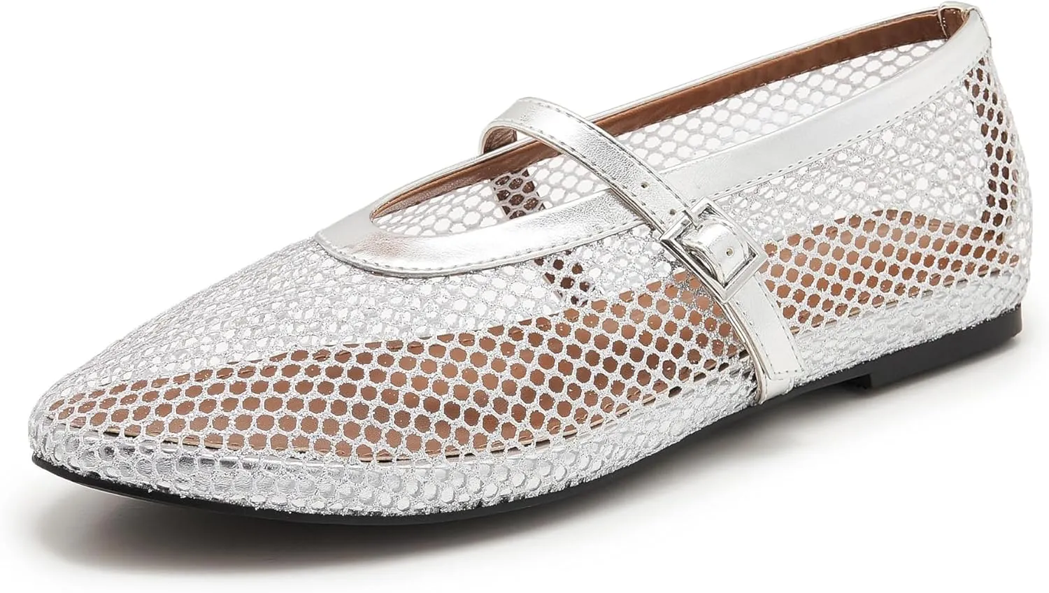 Mesh Ballet Flats for Women Buckle Strap Comfy Casual Office Mary Jane Flat Fishnet Ballerina Flat Shoes