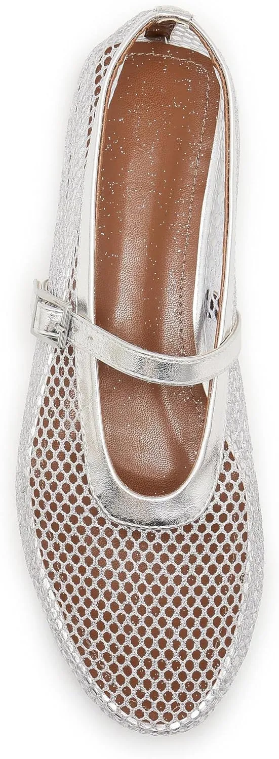 Mesh Ballet Flats for Women Buckle Strap Comfy Casual Office Mary Jane Flat Fishnet Ballerina Flat Shoes