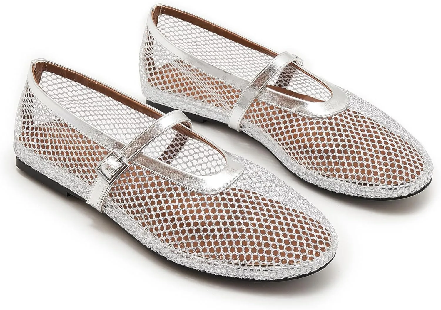 Mesh Ballet Flats for Women Buckle Strap Comfy Casual Office Mary Jane Flat Fishnet Ballerina Flat Shoes