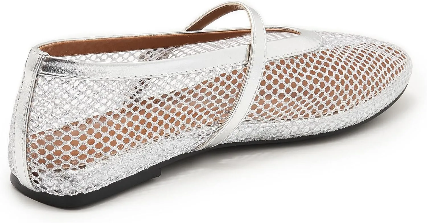 Mesh Ballet Flats for Women Buckle Strap Comfy Casual Office Mary Jane Flat Fishnet Ballerina Flat Shoes
