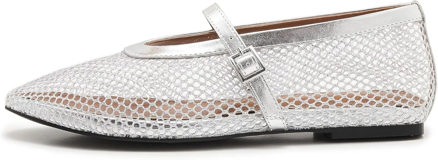 Mesh Ballet Flats for Women Buckle Strap Comfy Casual Office Mary Jane Flat Fishnet Ballerina Flat Shoes