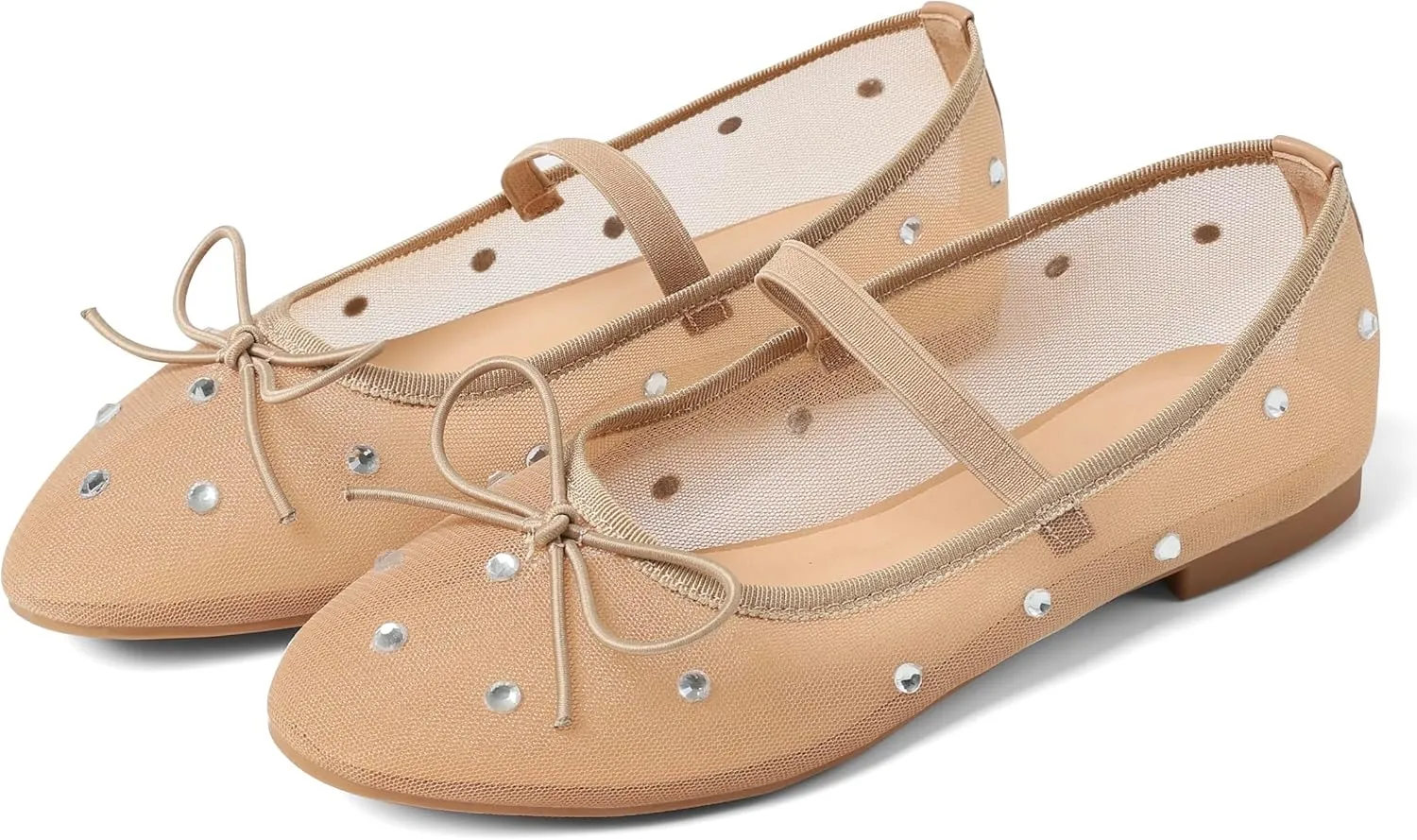 Mesh Ballet Flats for Women Crystal Rhinestone Mary Jane Shoes Comfortable Round Toe Ballerina Flats with Stretch Strap Trendy