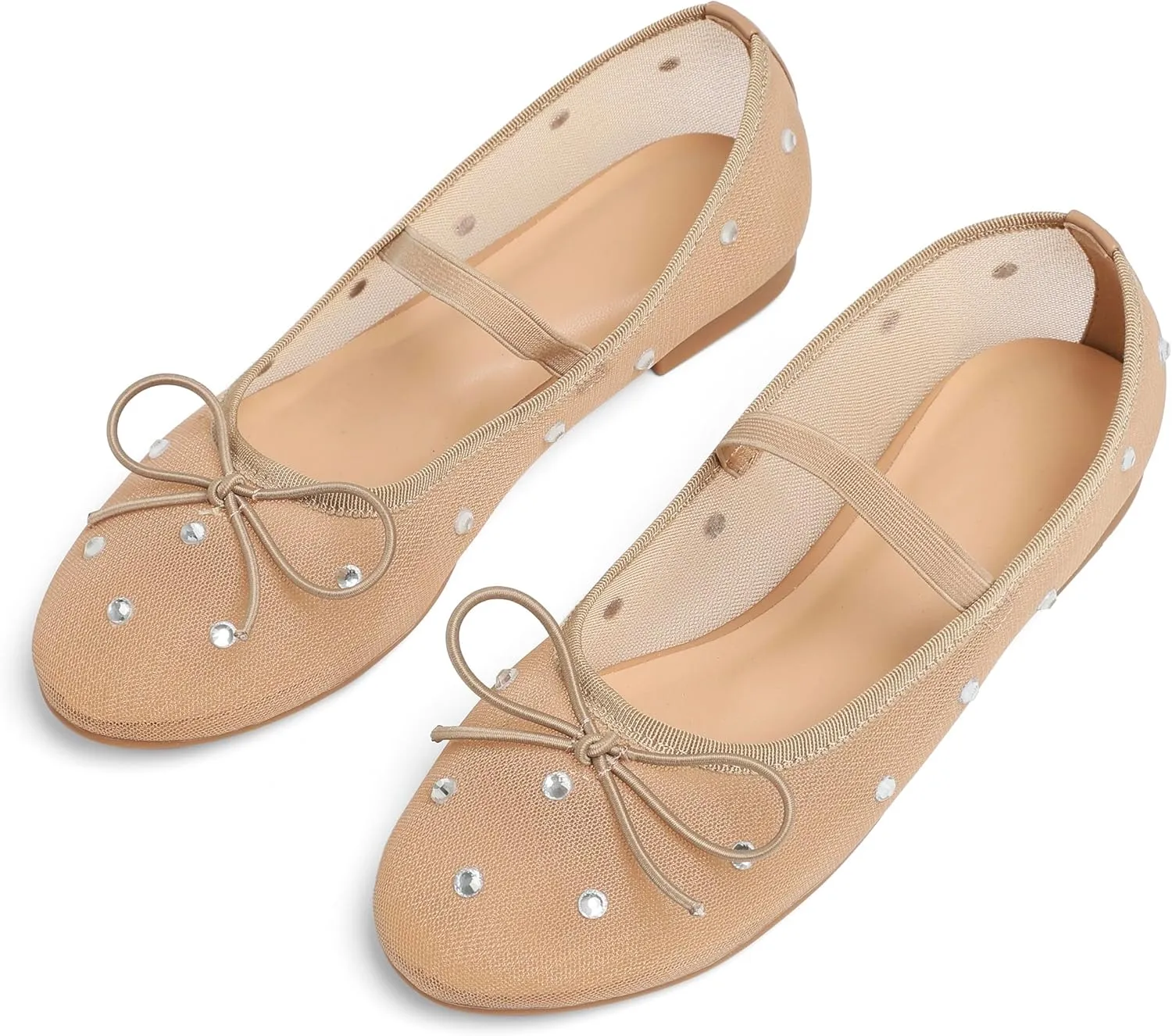 Mesh Ballet Flats for Women Crystal Rhinestone Mary Jane Shoes Comfortable Round Toe Ballerina Flats with Stretch Strap Trendy