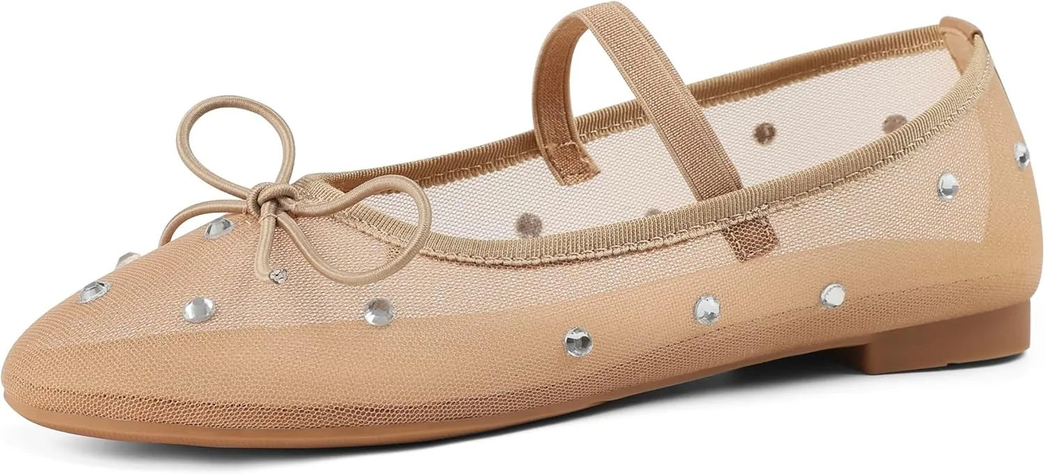 Mesh Ballet Flats for Women Crystal Rhinestone Mary Jane Shoes Comfortable Round Toe Ballerina Flats with Stretch Strap Trendy