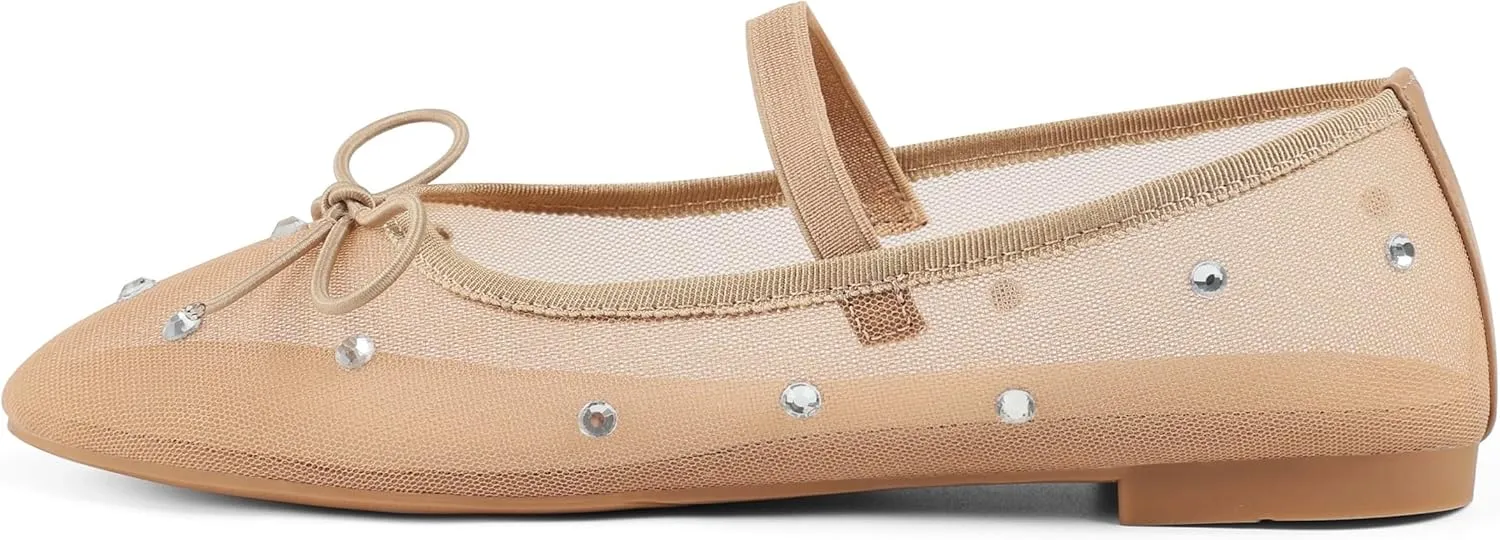 Mesh Ballet Flats for Women Crystal Rhinestone Mary Jane Shoes Comfortable Round Toe Ballerina Flats with Stretch Strap Trendy