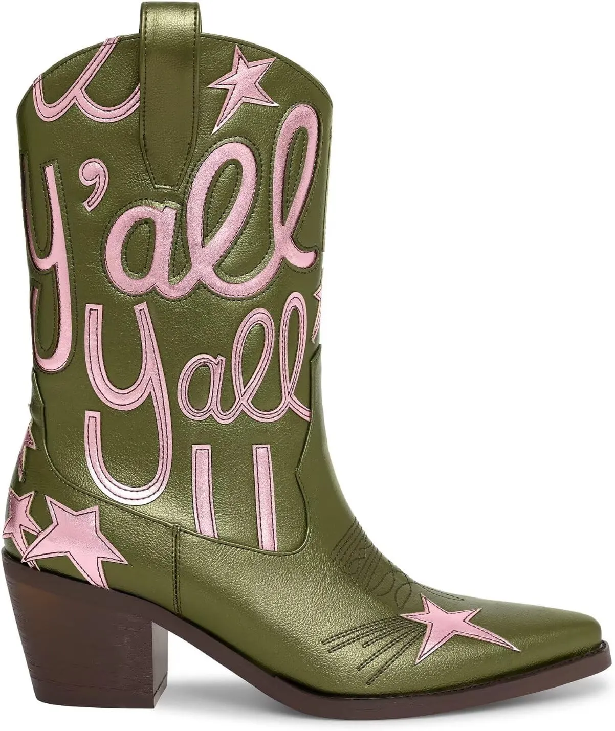 Metallic Cowboy boots for Women Mid Calf Low Heel Pointed Toe Womens Cowgirl Boots Fashion Embroidery Western Pull On Boots