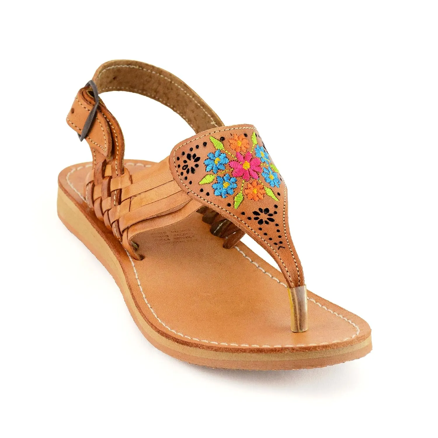 Mexican Leather Sandals with Embroidered Flowers for Women - Model 1314 (7, Brown)