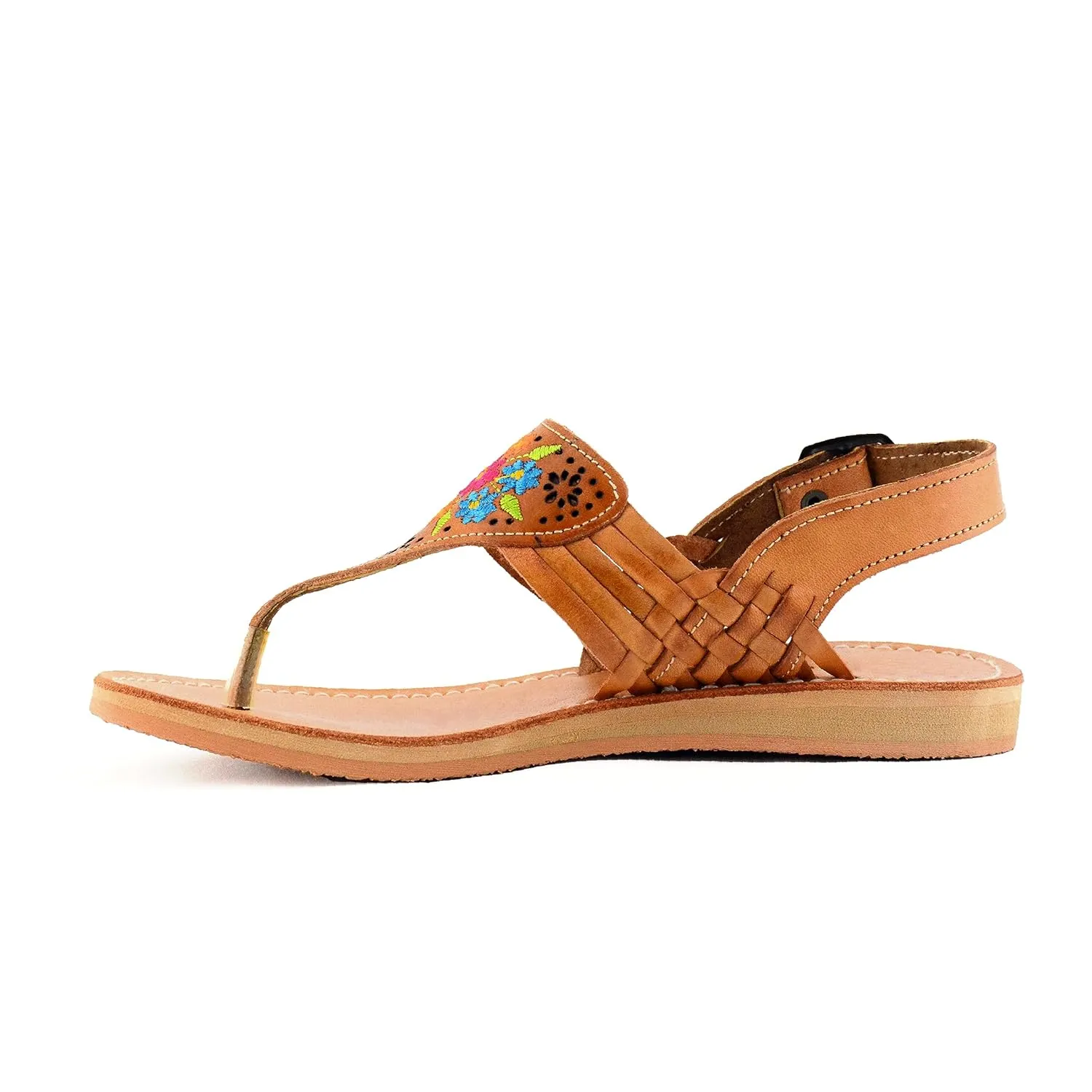 Mexican Leather Sandals with Embroidered Flowers for Women - Model 1314 (7, Brown)