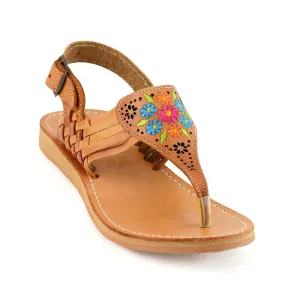 Mexican Leather Sandals with Embroidered Flowers for Women - Model 1314 (7, Brown)