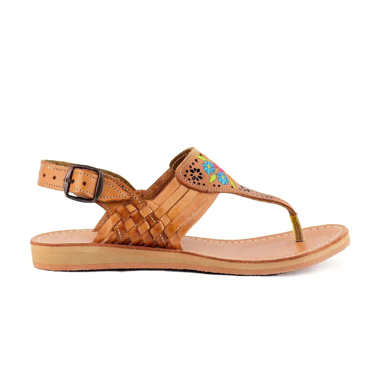 Mexican Leather Sandals with Embroidered Flowers for Women - Model 1314 (7, Brown)