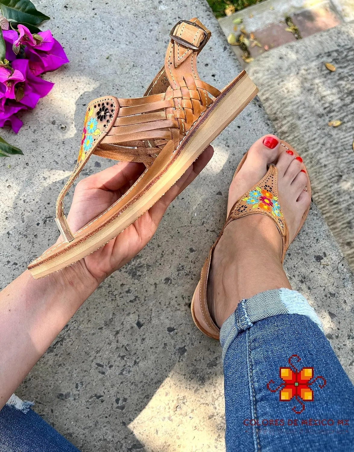 Mexican Leather Sandals with Embroidered Flowers for Women - Model 1314 (7, Brown)