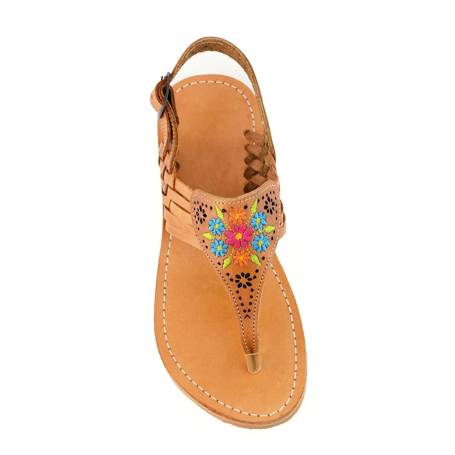 Mexican Leather Sandals with Embroidered Flowers for Women - Model 1314 (7, Brown)