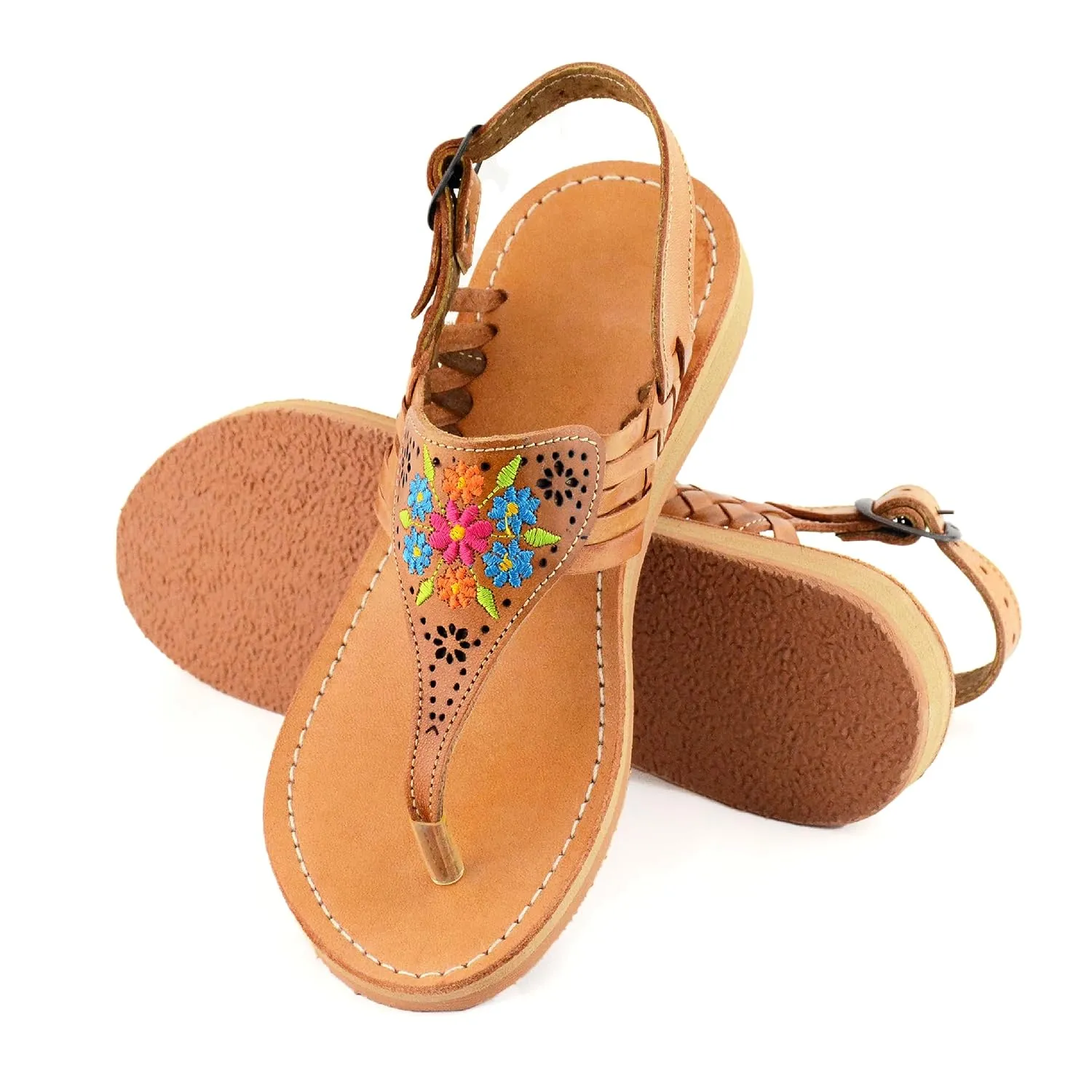 Mexican Leather Sandals with Embroidered Flowers for Women - Model 1314 (7, Brown)