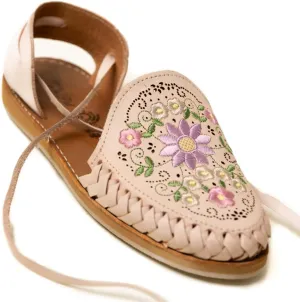 Mexico en la Piel Handcrafted Leather Huarache Sandals for Women - Roman Lace-Up Design, Crepe Sole, Floral Embroidery, Lightweight and Breathable, Available in Natural, Shedron, and White