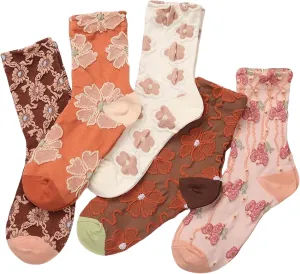 Mid Tube Crew Socks with Lace Ruffled Cuffs Delicate Embroidered Floral and Ruffle Designs Assorted Colors Pack of 5 Suitable for Women's Size 5-10