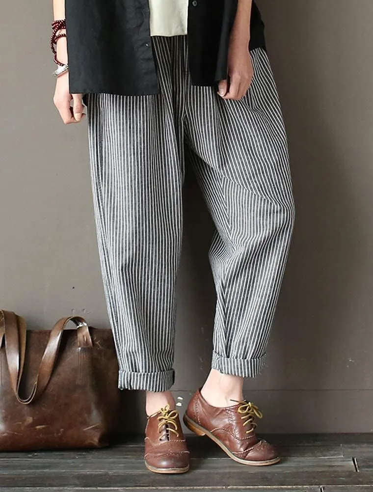Minibee Women's Wide Leg Harem Pants Cotton Linen Striped Casual Palazzo Pants with Pockets