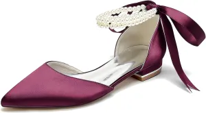 Minishion Beaded Wedding Flats Shoes for Women Girls Ankle Chain Evening Formal Pumps with Ribbon MS321