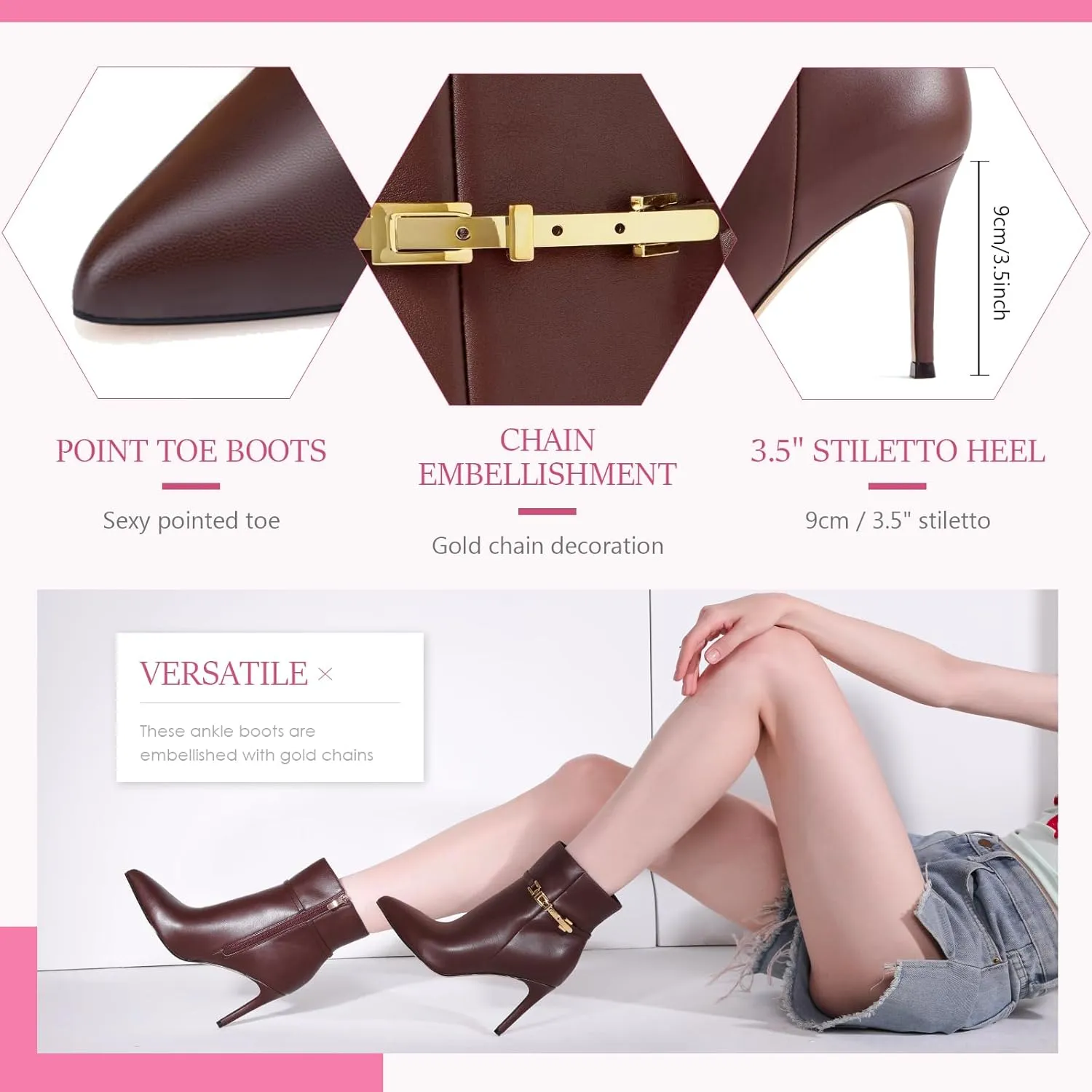 MIRAAZZURRA Ankle Boots for Women Pointed Toe Stiletto High Heel Sexy Ankle Booties with Chain Side Zipper for Party Date Dress