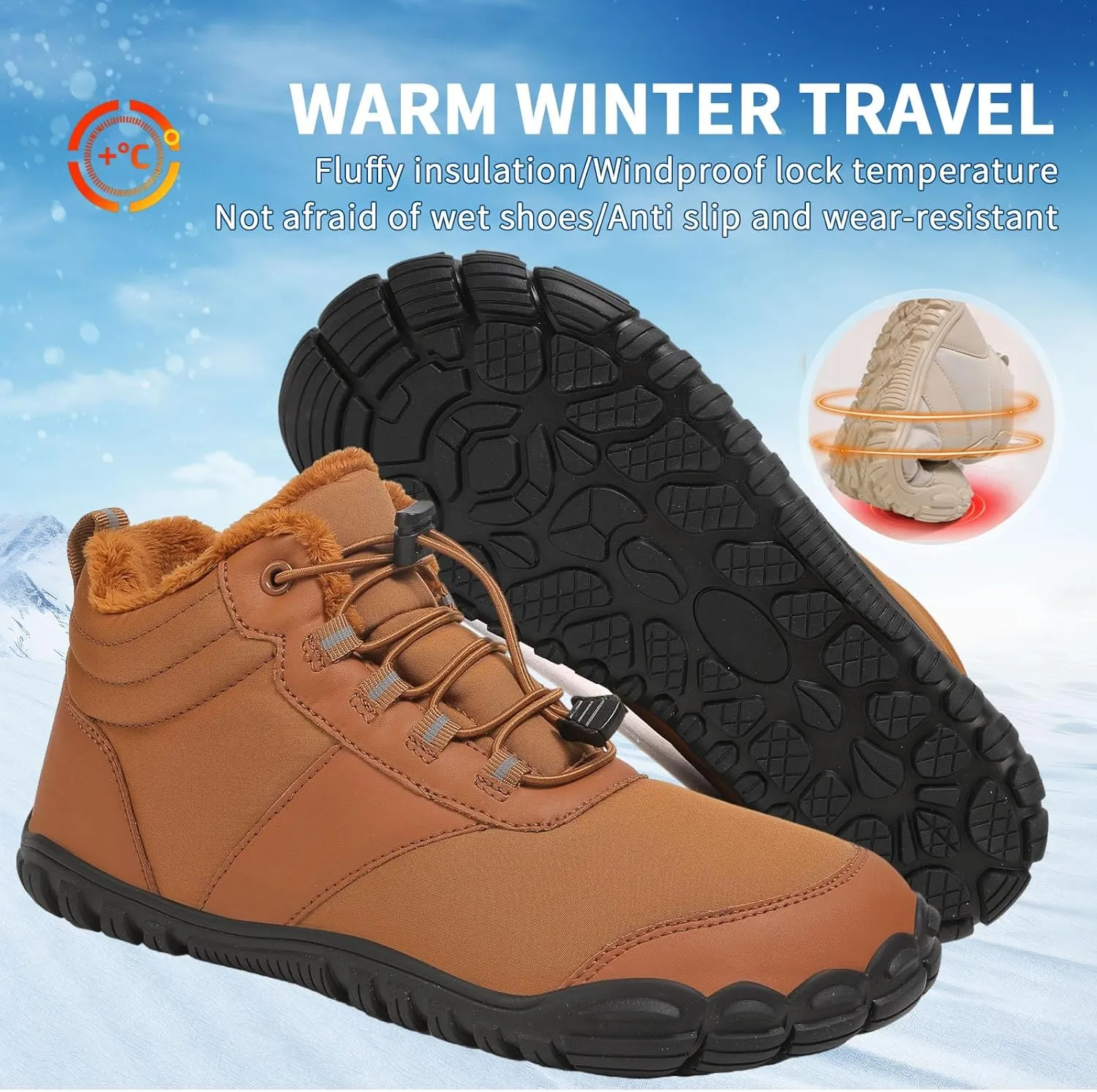 MOCHINI Snow Boots Mens Womens Winter Footwear Barefoot Shoes Warm Fur Lined Ankle Booties Hiking Trekking Trail Climbing Shoes Lace Up Anti-Slip Waterproof Hiking Boots, Wide Walking Shoes