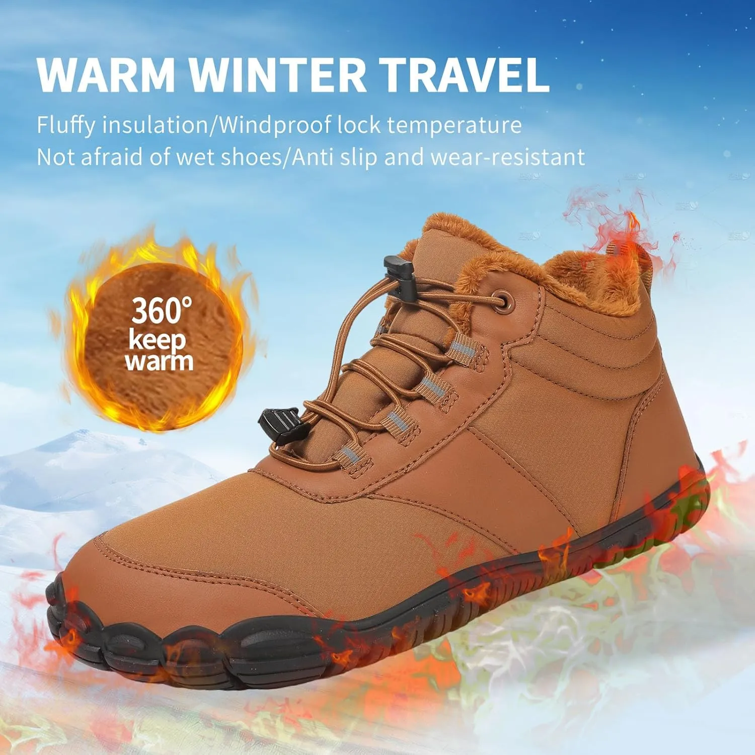 MOCHINI Snow Boots Mens Womens Winter Footwear Barefoot Shoes Warm Fur Lined Ankle Booties Hiking Trekking Trail Climbing Shoes Lace Up Anti-Slip Waterproof Hiking Boots, Wide Walking Shoes