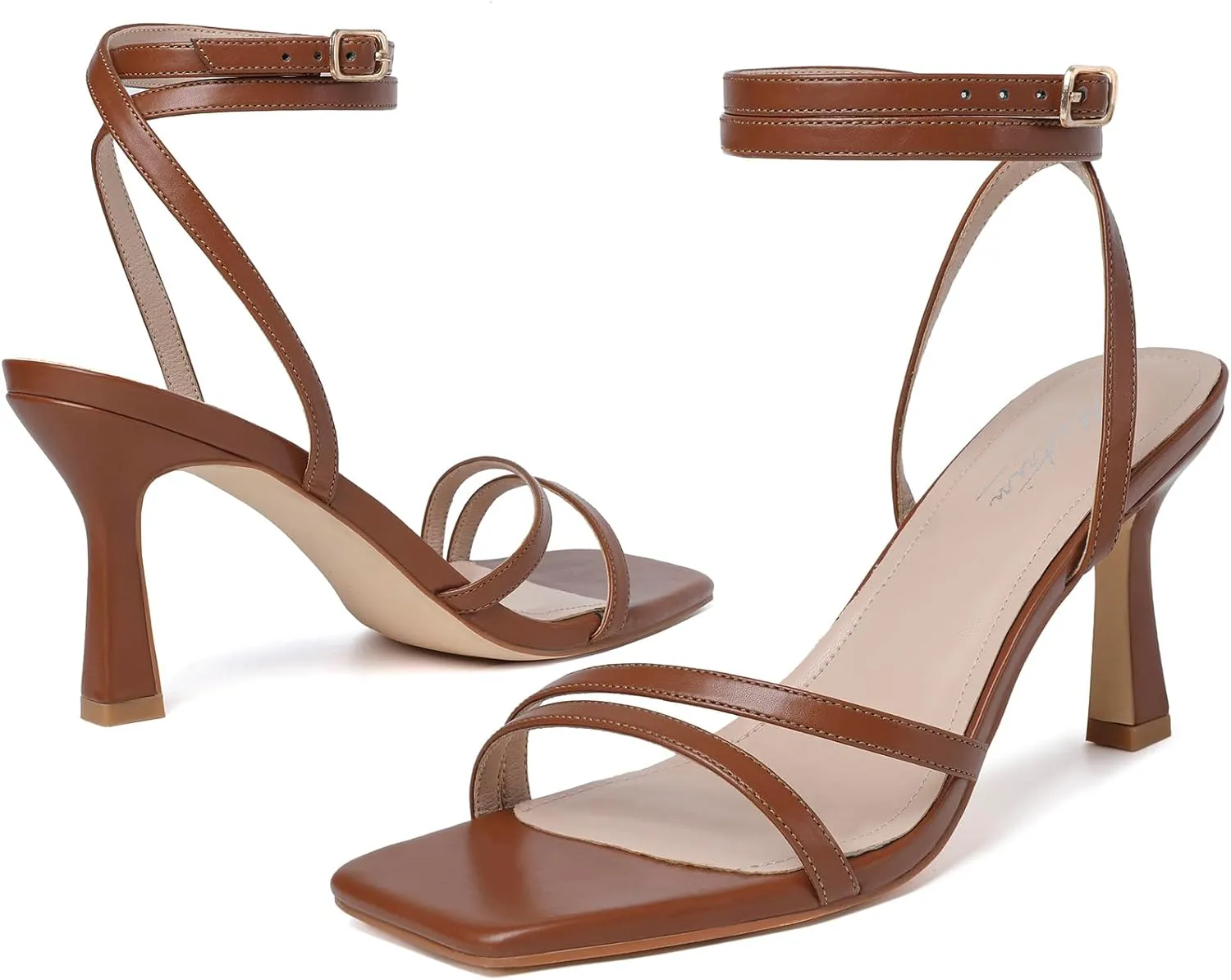 Mostrin Womens Sandals Strappy Heels for Women Ankle Strap Lace Up Heels Square Open Toe Heels Tie Up Stiletto High Heeled Sandals for Prom, Party, Daily Wear