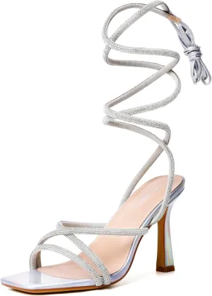 Mostrin Womens Sandals Strappy Heels for Women Lace Up Square Open Toe Heels Tie Up High Heeled Sandals for Prom, Party, Daily Wear