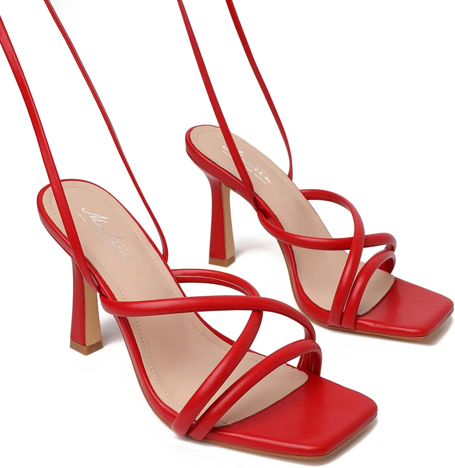 Mostrin Womens Sandals Strappy Heels for Women Lace Up Square Open Toe Heels Tie Up High Heeled Sandals for Prom, Party, Daily Wear