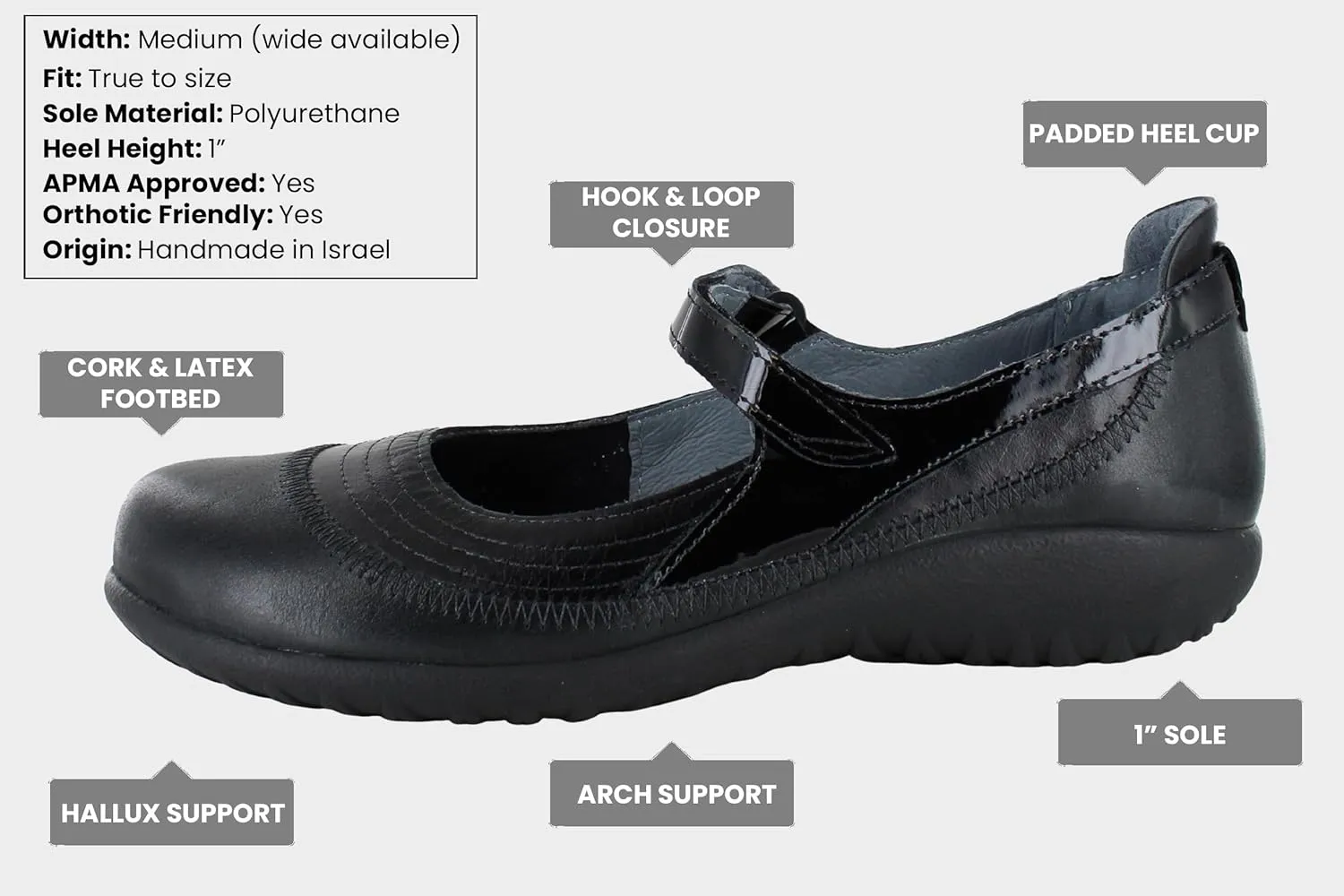 NAOT Footwear Women's Kirei Maryjane with Cork Footbed and Arch Comfort and Support - Lightweight and Perfect for Travel- Removable Footbed