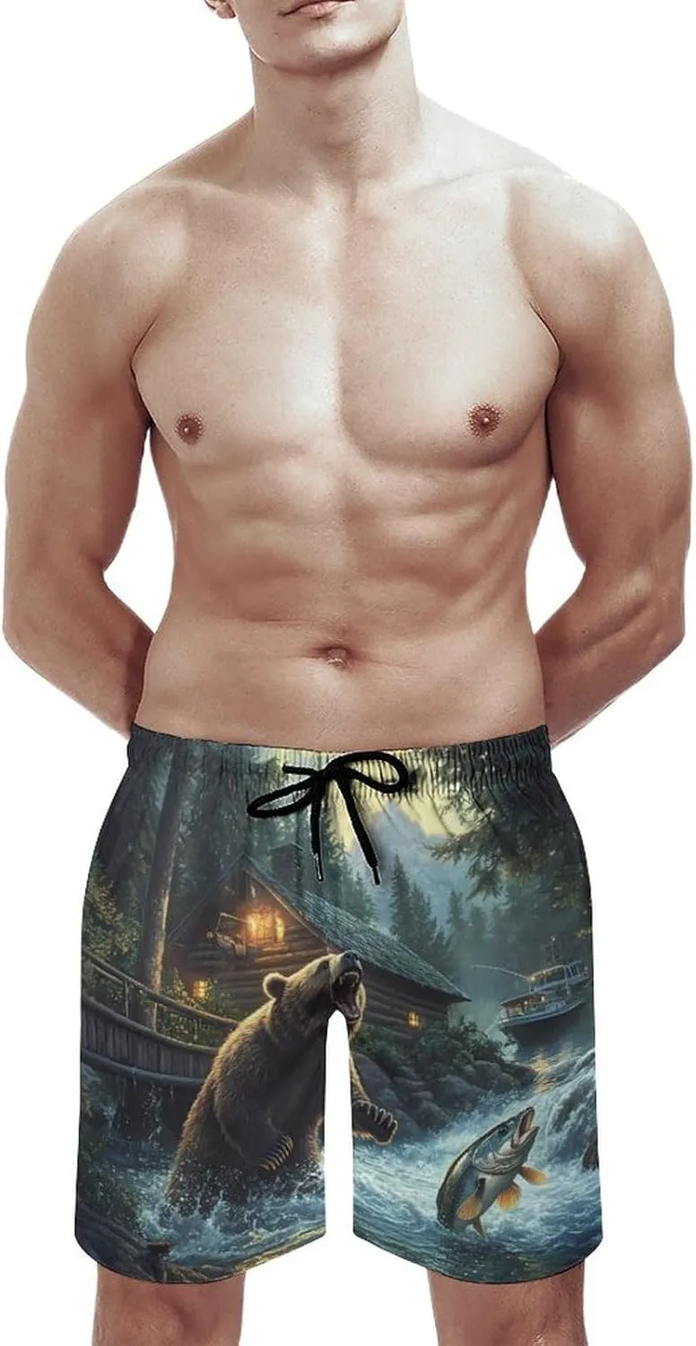 Natural Scenery Lake House Bear Mens Swim Trunks Quick Dry Board Shorts Casual Swimsuit