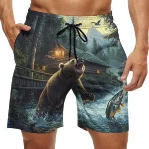 Natural Scenery Lake House Bear Mens Swim Trunks Quick Dry Board Shorts Casual Swimsuit