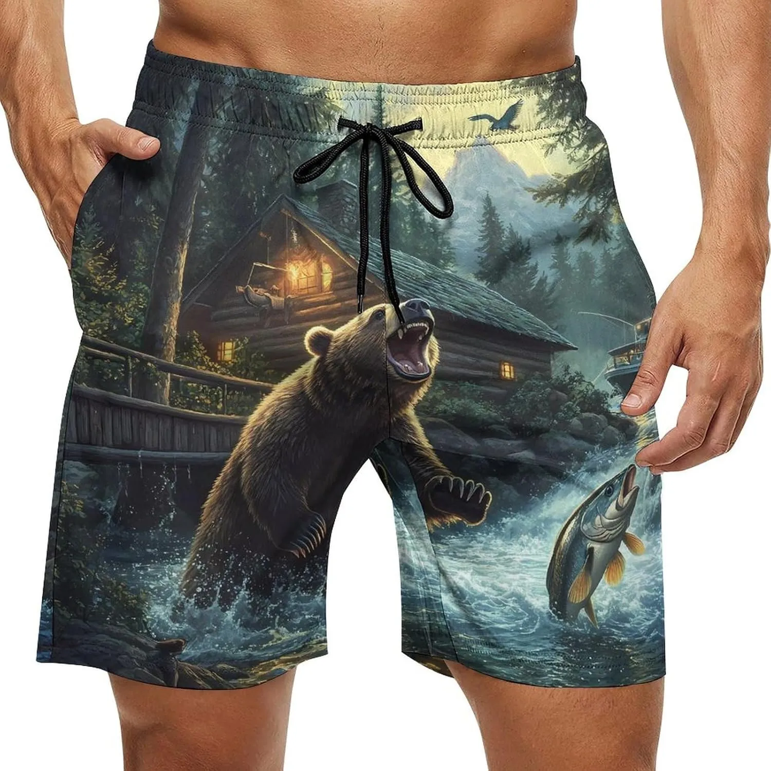 Natural Scenery Lake House Bear Mens Swim Trunks Quick Dry Board Shorts Casual Swimsuit