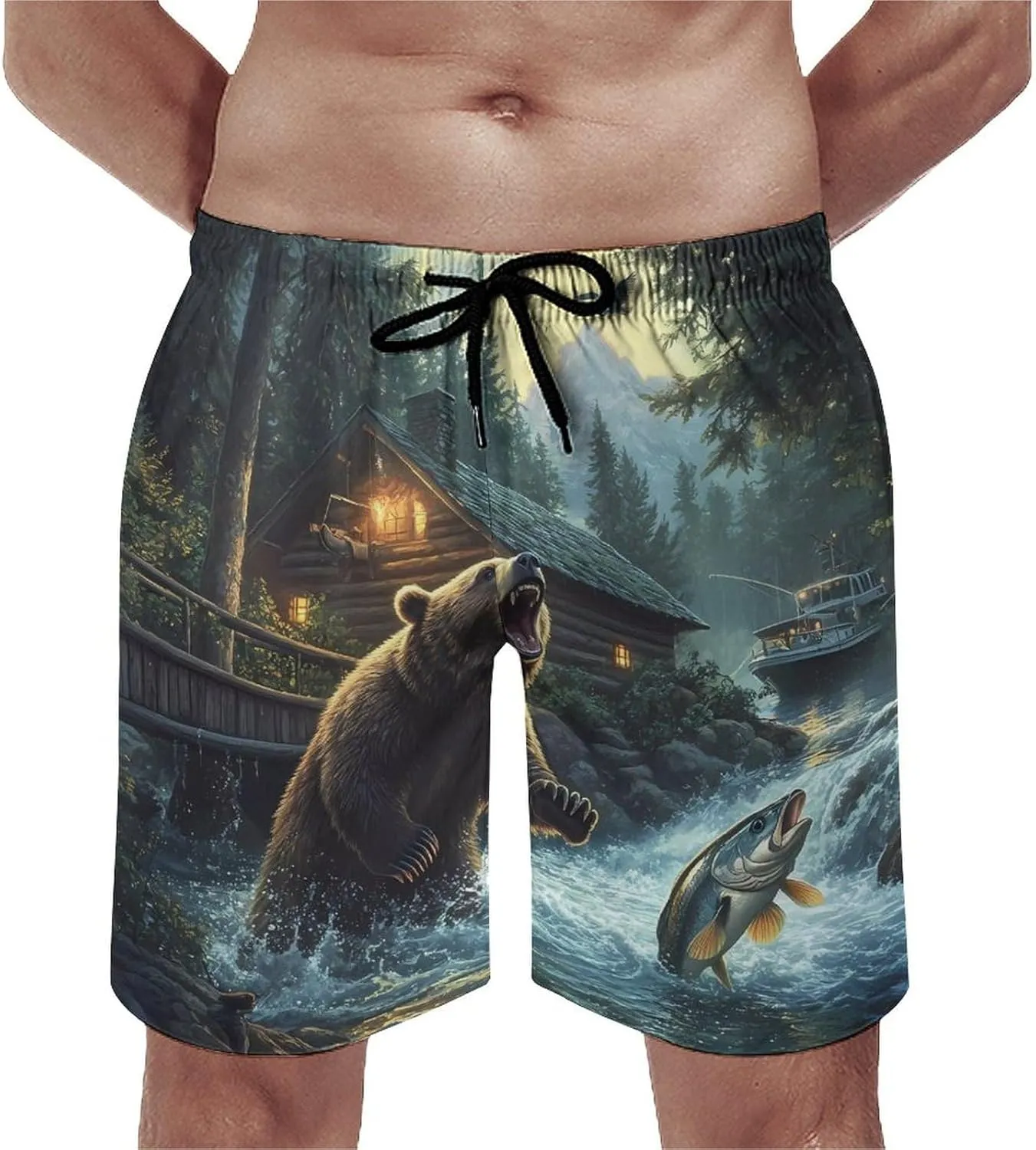 Natural Scenery Lake House Bear Mens Swim Trunks Quick Dry Board Shorts Casual Swimsuit