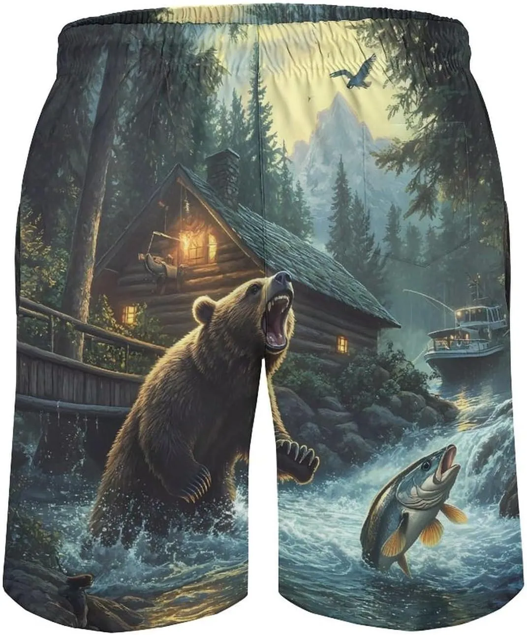 Natural Scenery Lake House Bear Mens Swim Trunks Quick Dry Board Shorts Casual Swimsuit