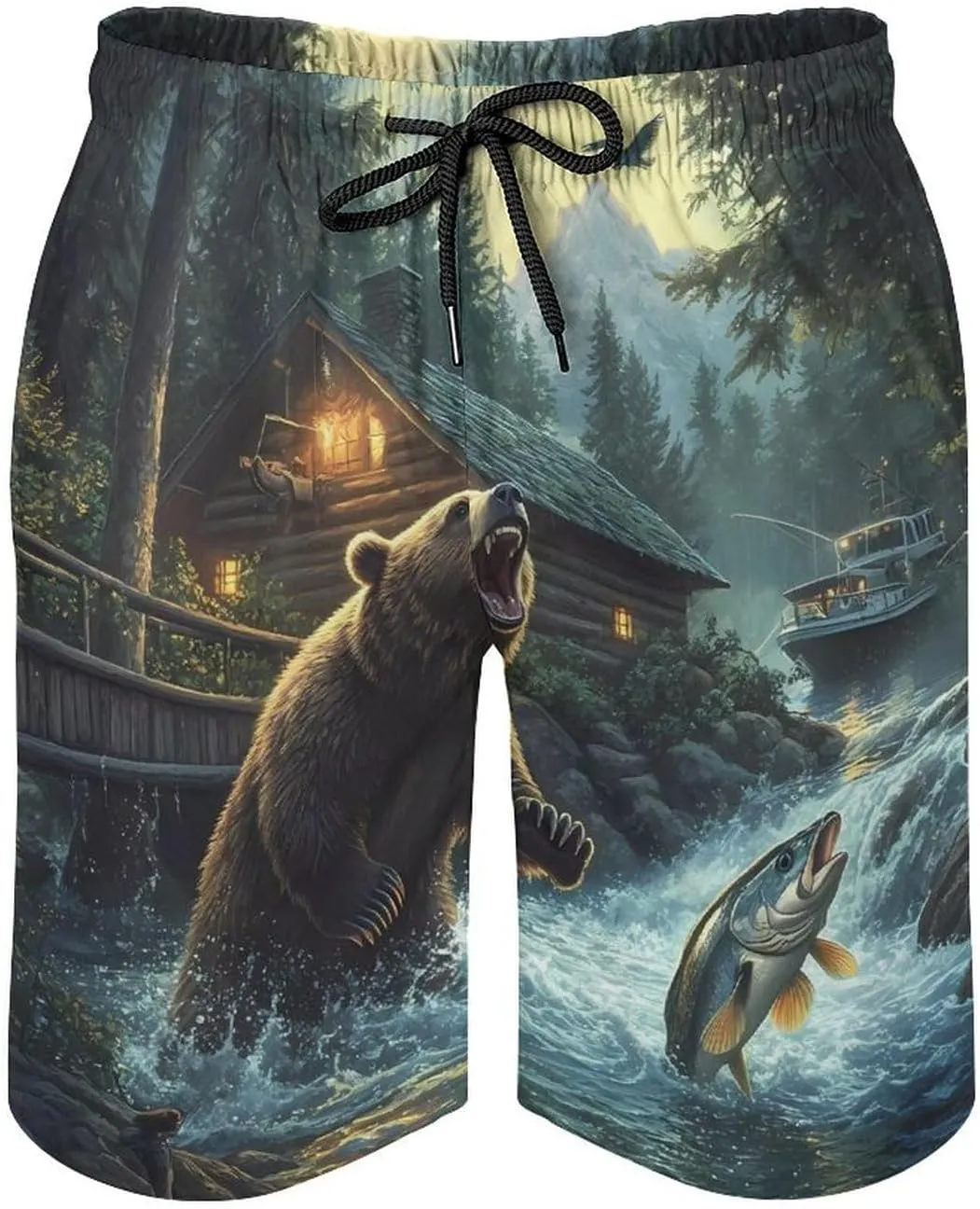 Natural Scenery Lake House Bear Mens Swim Trunks Quick Dry Board Shorts Casual Swimsuit