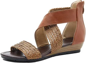 ORNVEION Women's Crossover Woven Low Wedges Rome Sandals,Bohemian Retro Non-Slip Back Zipper Casual Beach Walking Soft Flats Platform Dressy Sandals