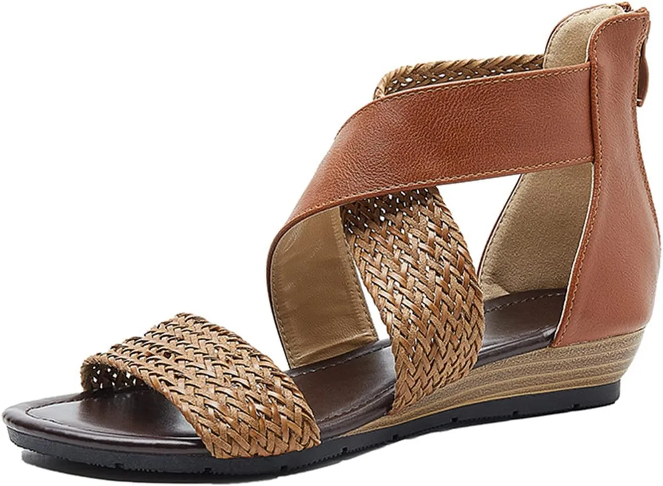 ORNVEION Women's Crossover Woven Low Wedges Rome Sandals,Bohemian Retro Non-Slip Back Zipper Casual Beach Walking Soft Flats Platform Dressy Sandals