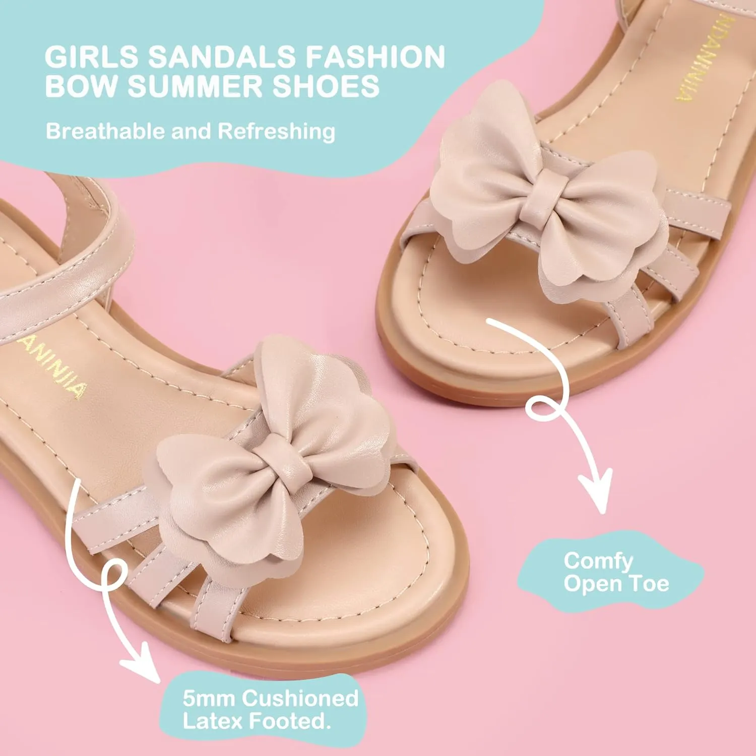 PANDANINJIA Girls Sandals, Open Toe Cute Bow Princess Girls Flats, Sparkly Summer Dress Shoes Sandals for Toddler/Little Kid/Big Kid