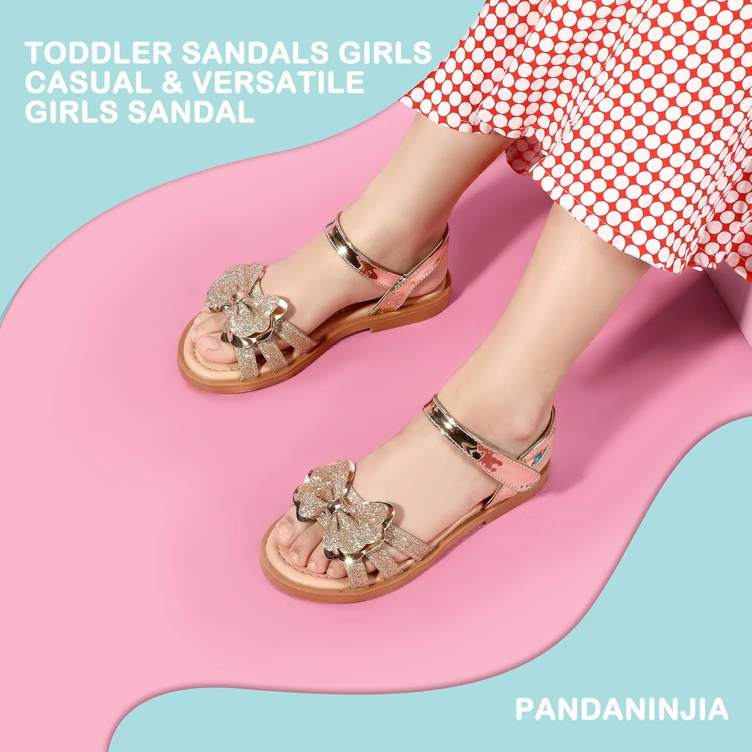PANDANINJIA Girls Sandals, Open Toe Cute Bow Princess Girls Flats, Sparkly Summer Dress Shoes Sandals for Toddler/Little Kid/Big Kid