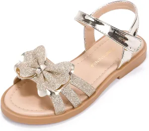 PANDANINJIA Girls Sandals, Open Toe Cute Bow Princess Girls Flats, Sparkly Summer Dress Shoes Sandals for Toddler/Little Kid/Big Kid