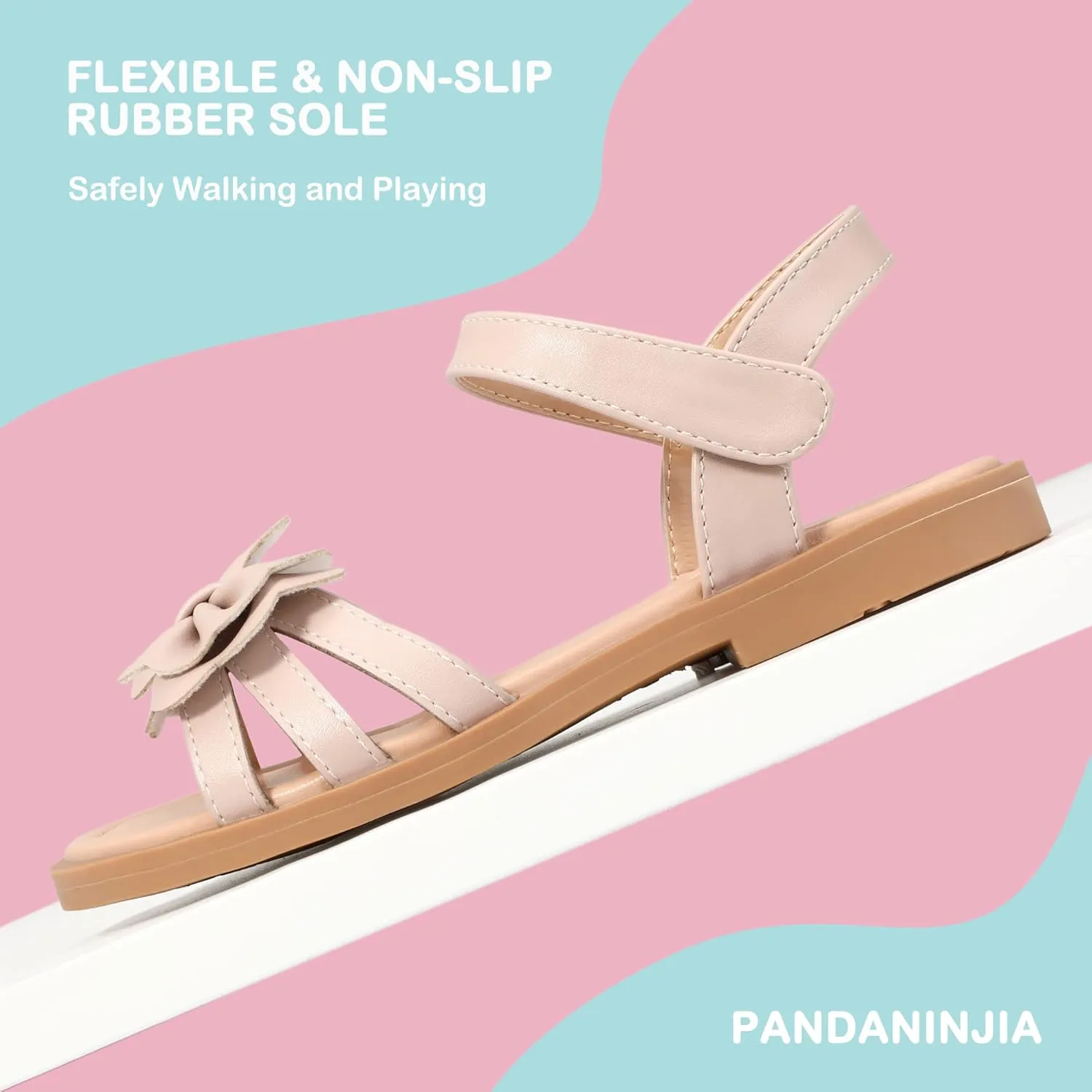 PANDANINJIA Girls Sandals, Open Toe Cute Bow Princess Girls Flats, Sparkly Summer Dress Shoes Sandals for Toddler/Little Kid/Big Kid