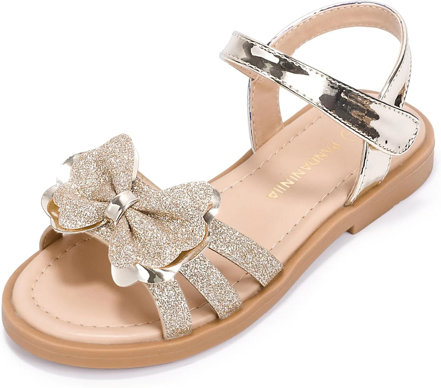 PANDANINJIA Girls Sandals, Open Toe Cute Bow Princess Girls Flats, Sparkly Summer Dress Shoes Sandals for Toddler/Little Kid/Big Kid