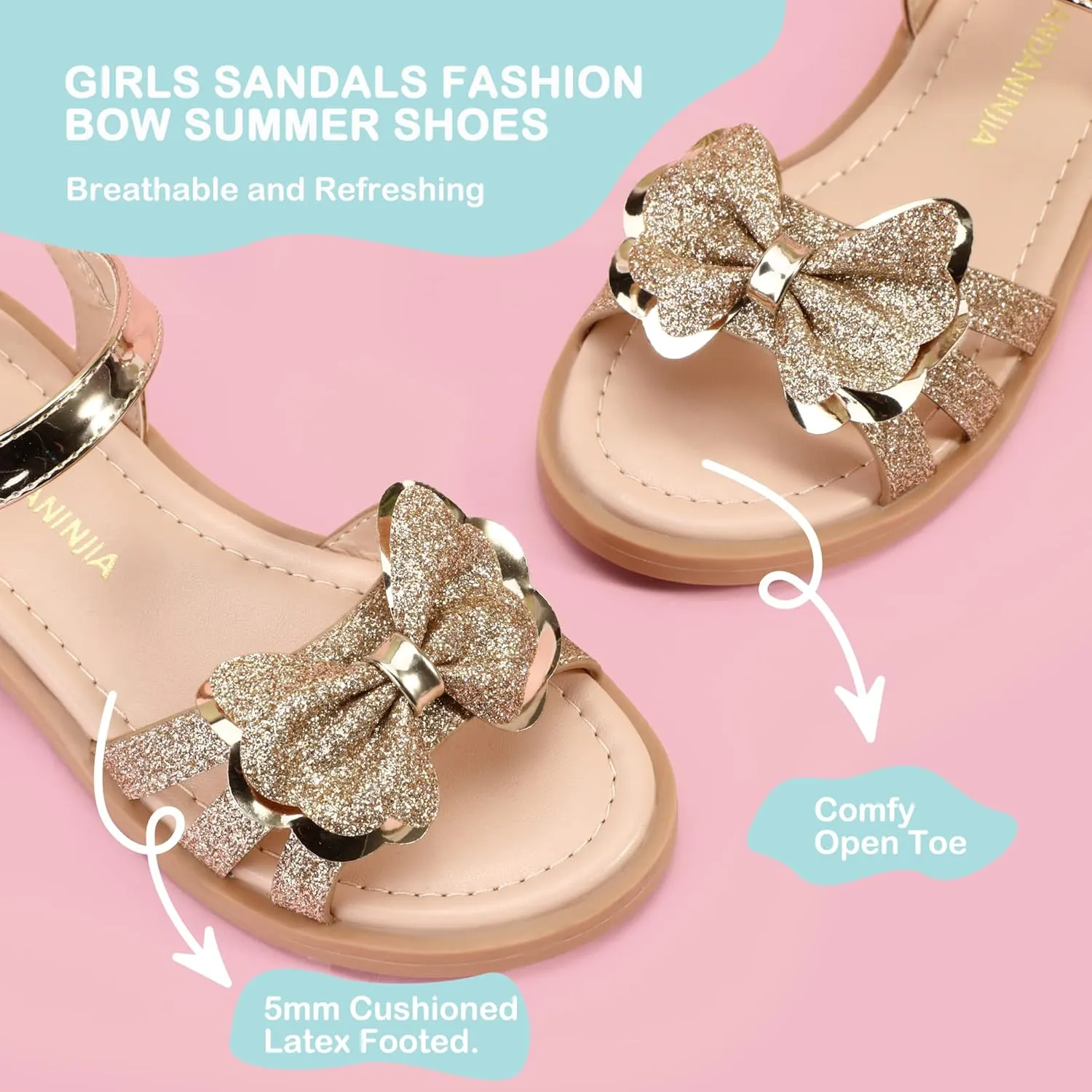 PANDANINJIA Girls Sandals, Open Toe Cute Bow Princess Girls Flats, Sparkly Summer Dress Shoes Sandals for Toddler/Little Kid/Big Kid