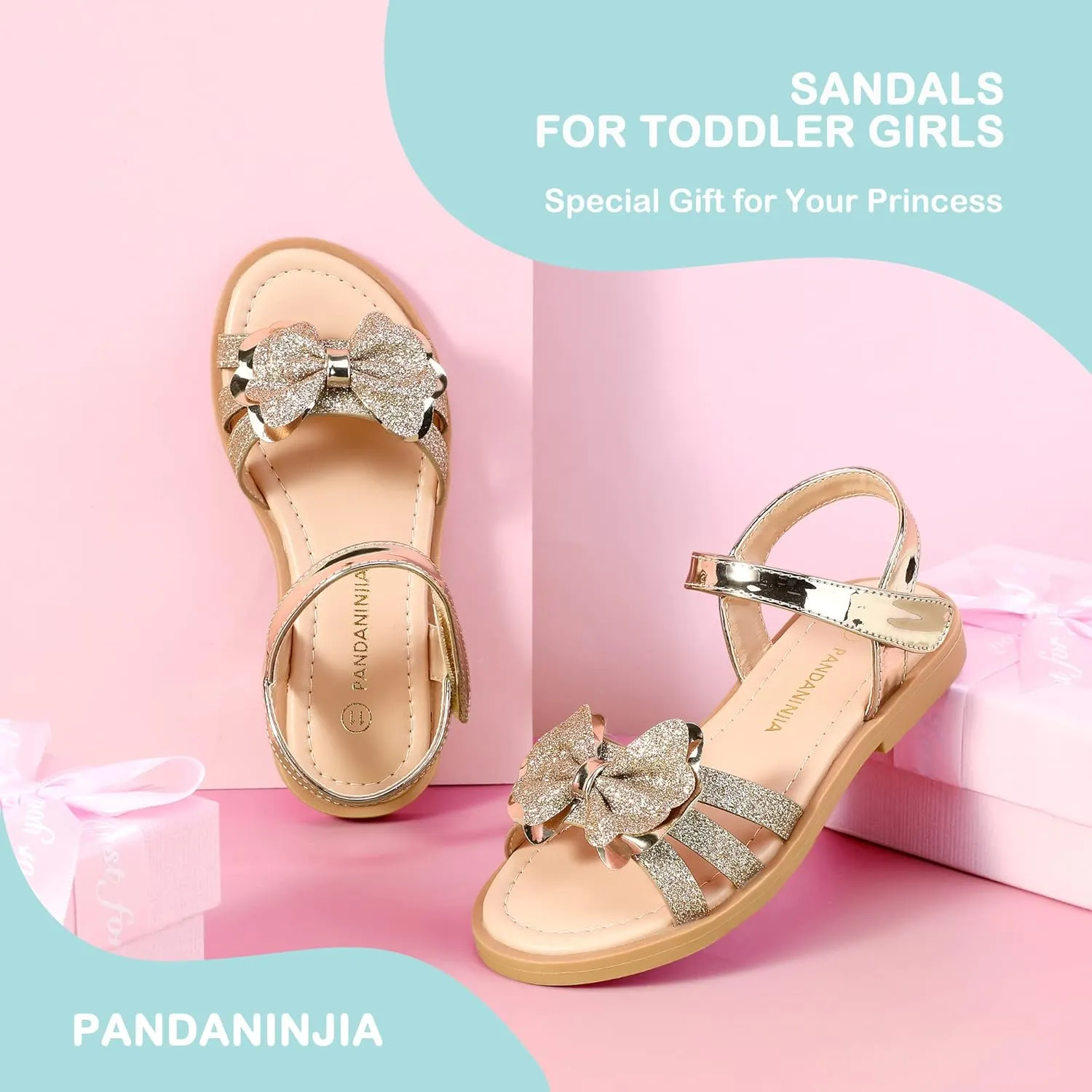 PANDANINJIA Girls Sandals, Open Toe Cute Bow Princess Girls Flats, Sparkly Summer Dress Shoes Sandals for Toddler/Little Kid/Big Kid