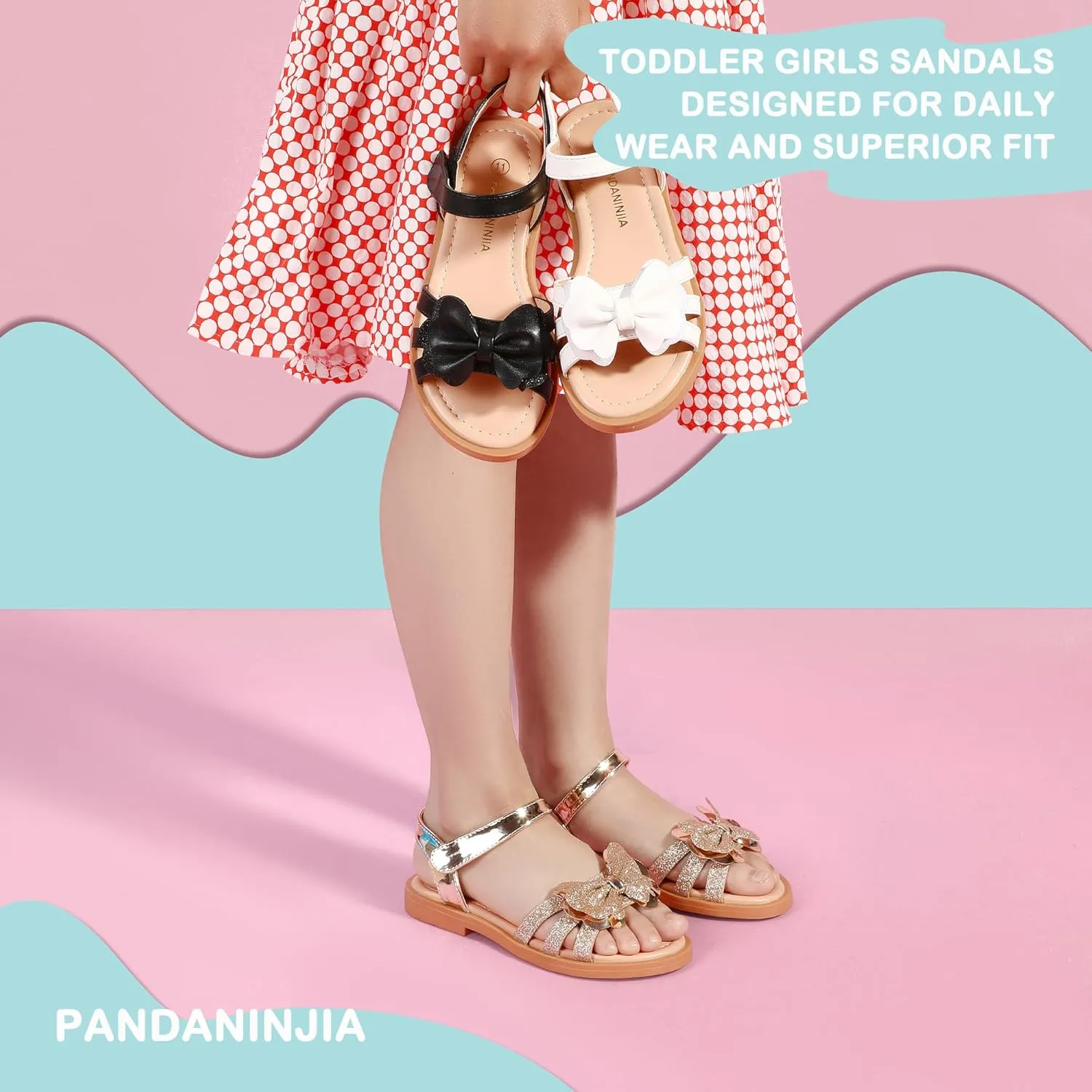 PANDANINJIA Girls Sandals, Open Toe Cute Bow Princess Girls Flats, Sparkly Summer Dress Shoes Sandals for Toddler/Little Kid/Big Kid