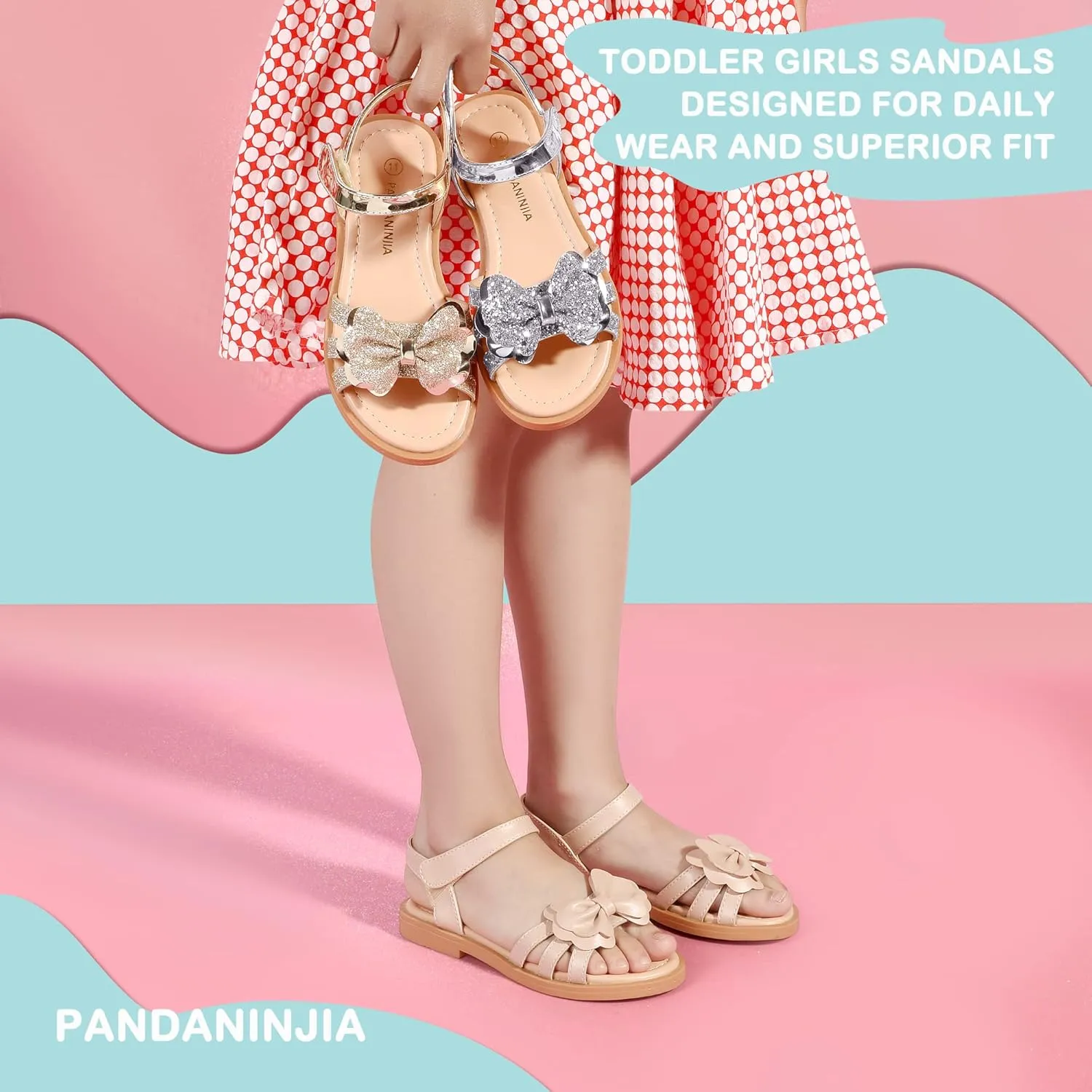 PANDANINJIA Girls Sandals, Open Toe Cute Bow Princess Girls Flats, Sparkly Summer Dress Shoes Sandals for Toddler/Little Kid/Big Kid