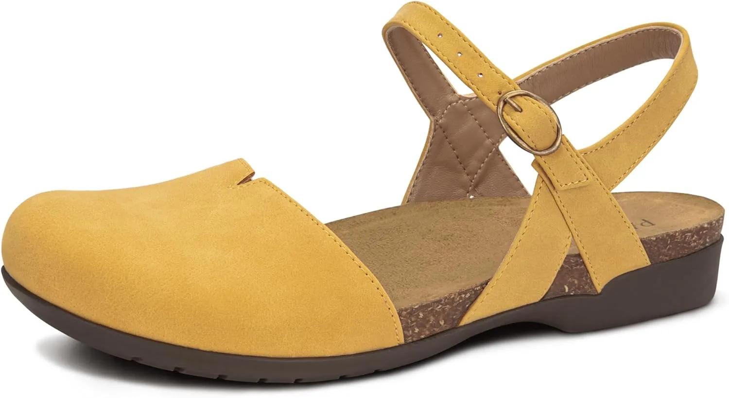 PARTY Closed Toe Sandals Women, Barefoot Arch Support Flat Sandals for Office Work and Travel with Comfortable Cork Footbed