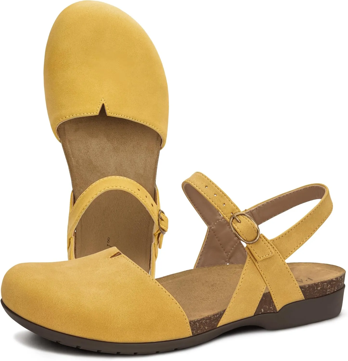 PARTY Closed Toe Sandals Women, Barefoot Arch Support Flat Sandals for Office Work and Travel with Comfortable Cork Footbed